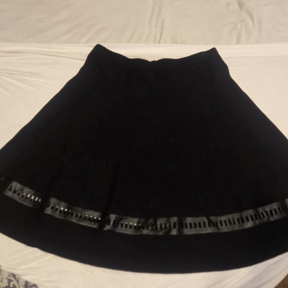 Saks Fifth Avenue Black Skater Skirt with Leather Trim